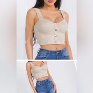 Women's. Sleeveless Button Closure Suede CropTop Beige